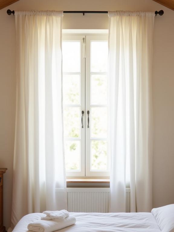 Flowing white linen curtains in a rustic country home bedroom.